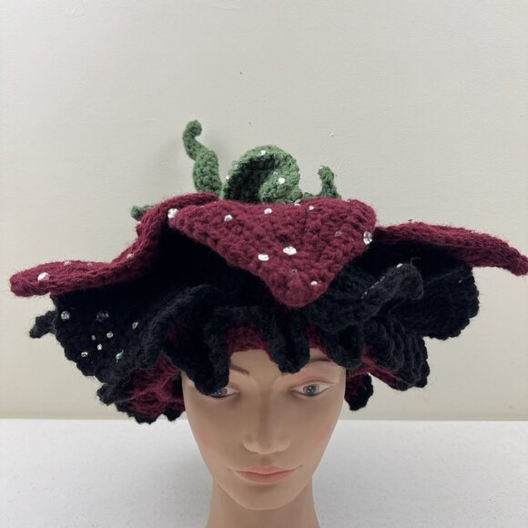 Handmade Crochet Flower Hat Green Stem & Red & Black Petals Fairy Hat Costume main image 5